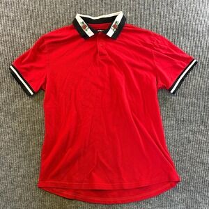 NovaMen Mens Red Polo Shirt Rose Embroidered Collar Striped Trim Size L